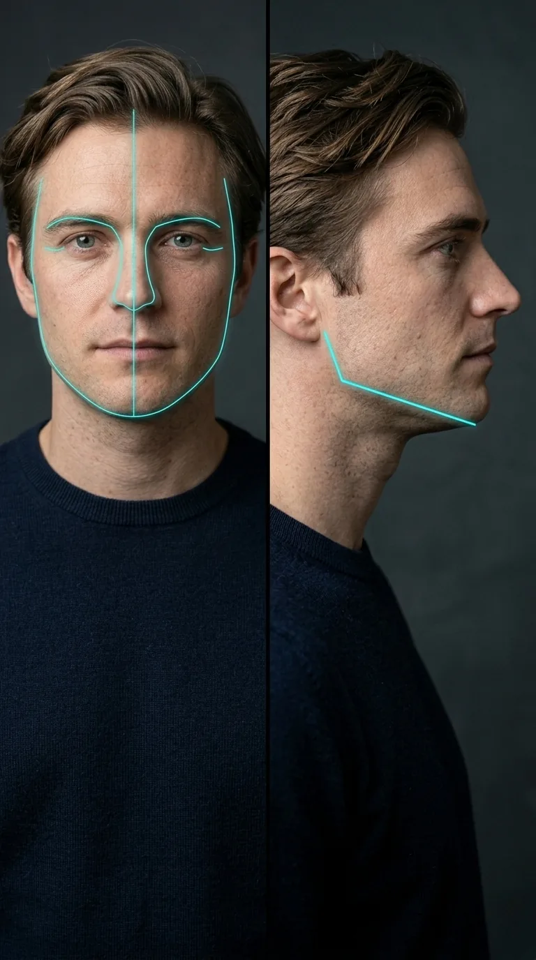 Facial geometry mesh mapping 478 spatial landmarks with Gonial Angle, Canthal Tilt, and symmetry measurements
